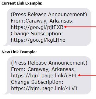 Screenshots of current text alert link example compared to new text alert link example